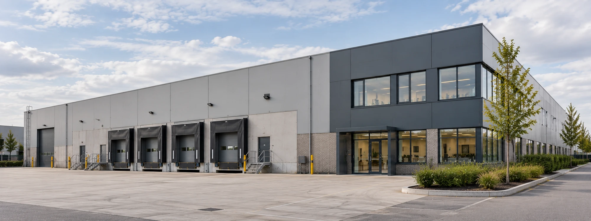 A functional grey warehouse in daylight with loading docks and a two-storey office entrance.
