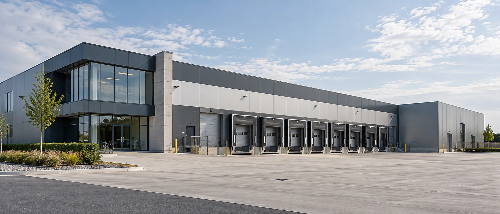 A semi-industrial logistics building in daylight, with a long row of loading docks and a glazed office corner.
