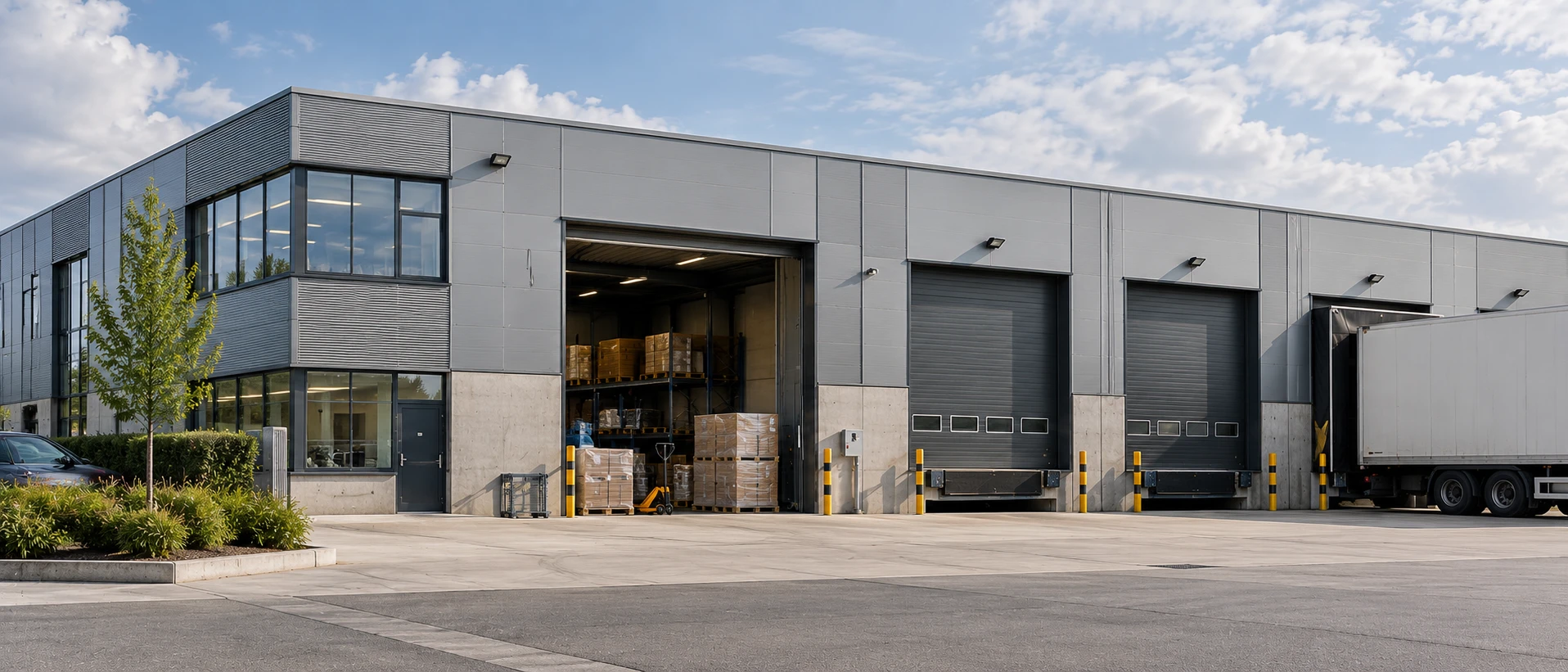A let semi-industrial unit with an open loading bay in use — pallets on a pallet truck and a trailer at the dock.